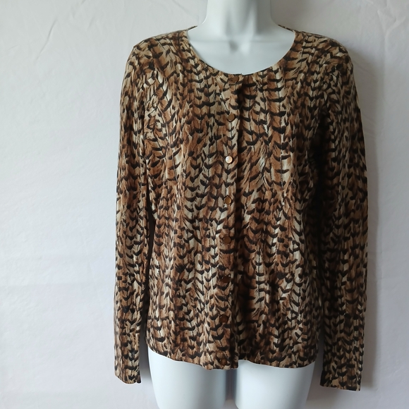 Talbots Brown and Black Feather Pattern Cardigan Merino Wool Sz S Office Wear - Picture 1 of 6
